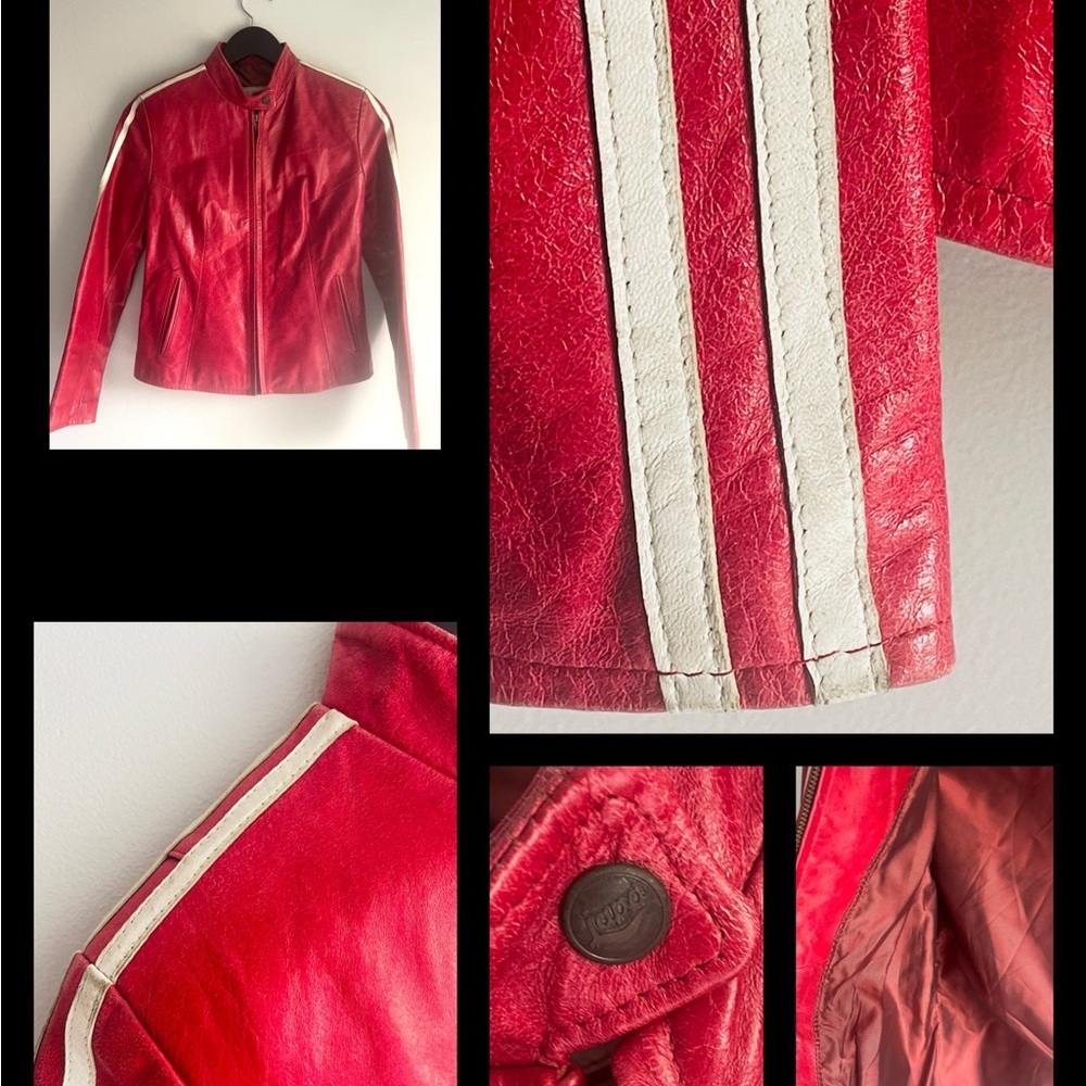 RED REAL LEATHER JACKET from Paris White Stripes Ladies Women Small S